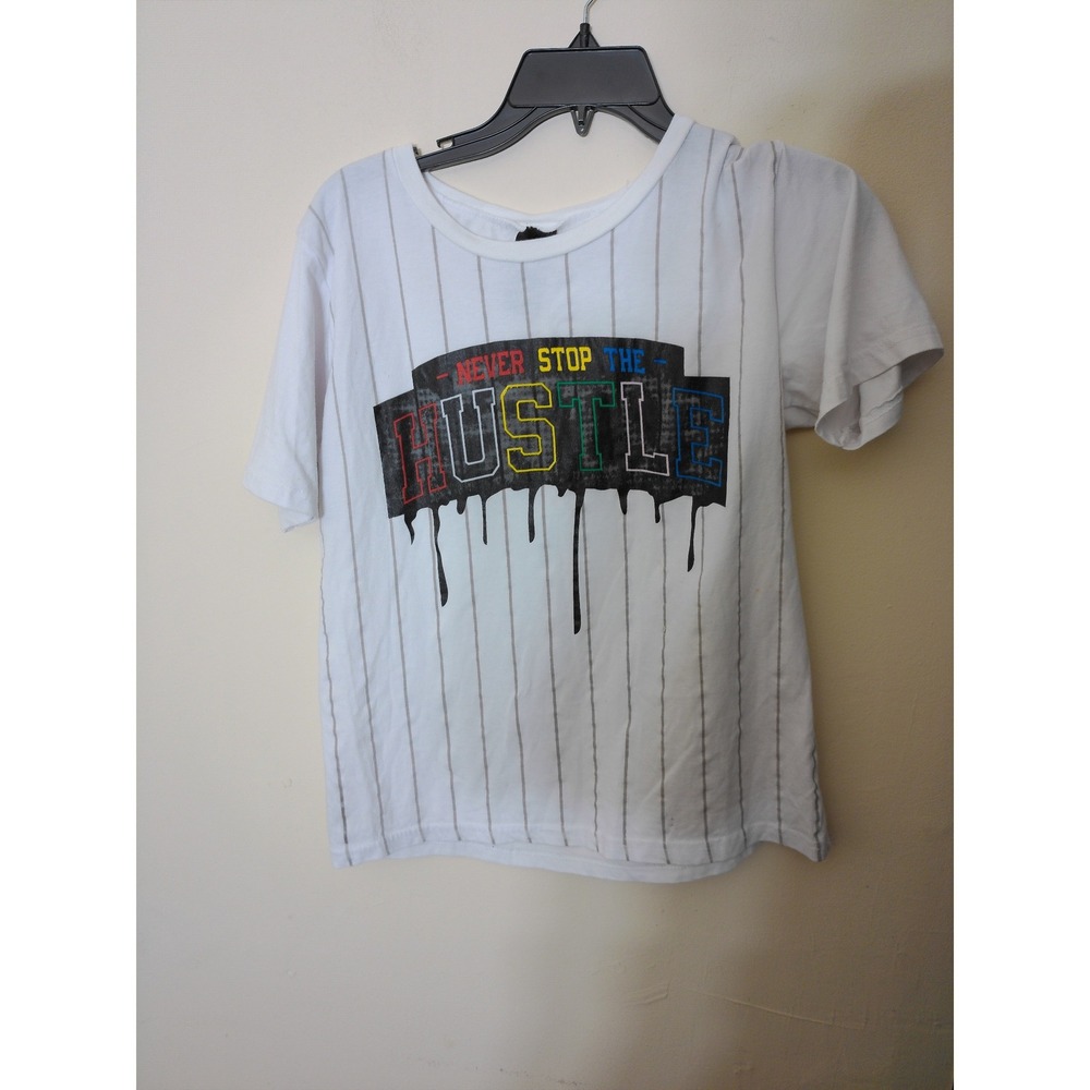 Quad Seven Graphic Tee Youth 16/18 White Pinstripe Never Stop The Hustle Urban